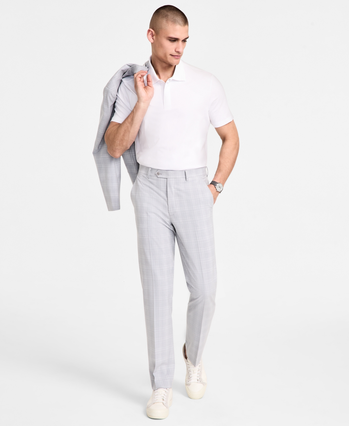 Men's Slim-Fit Plaid Suit Pants, Created for Macy's - Light Grey