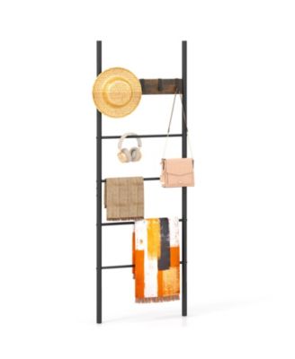 Wall-Leaning Decorative Blanket Holder with 5 Removable Hooks