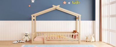 Twin Size Wood House Bed Frame with Fence