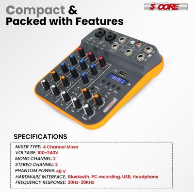 Audio Interface Mixer 4 Channel PC XLR Bluetooth USB DJ Music Podcast Karaoke Sound Board