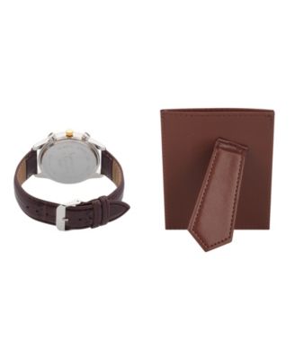 Men's Brown Leather Strap Analog Watch 33mm Gift Set