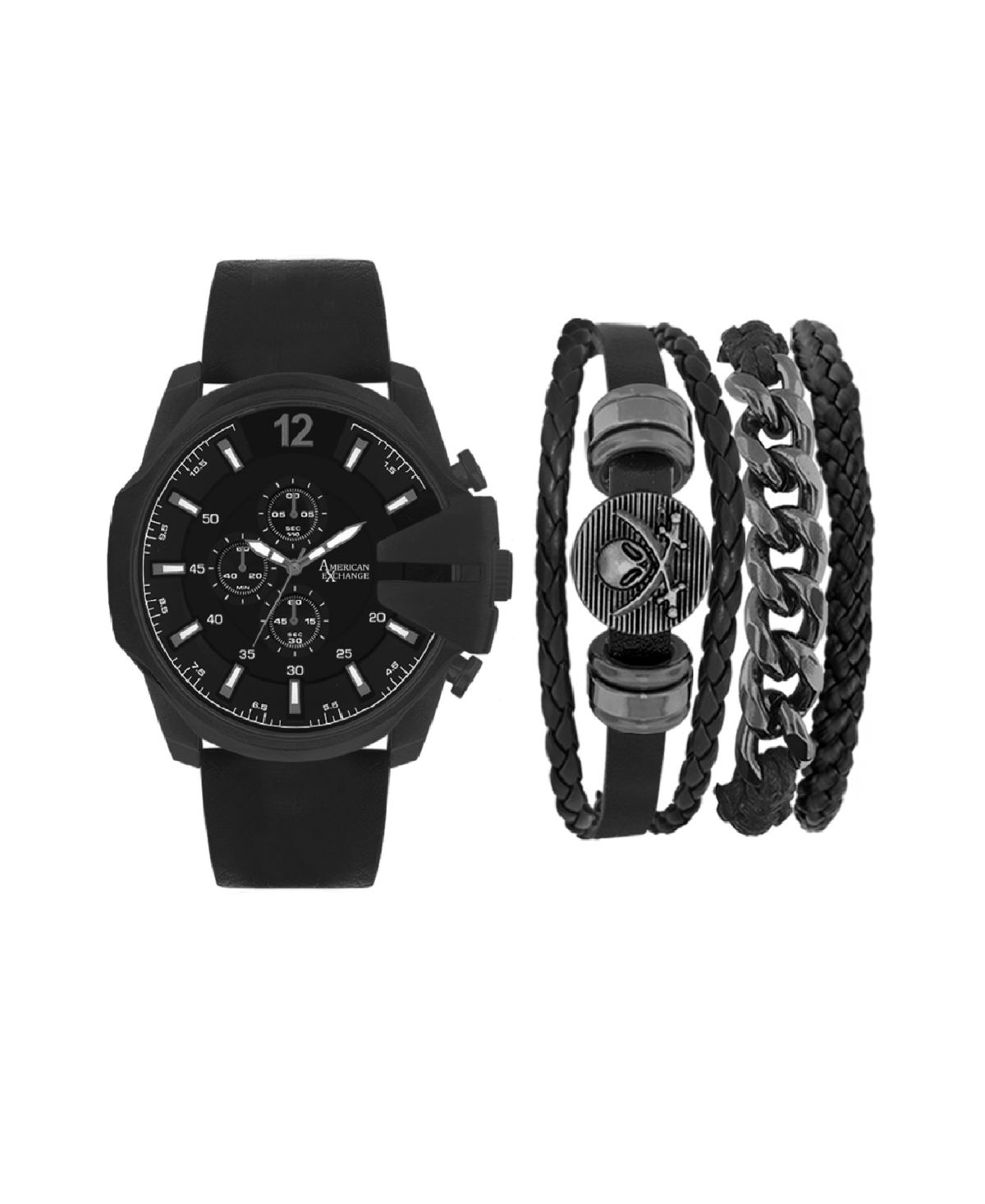 Men's Black Leather Strap Analog Watch 52mm with Stackable Bracelets Gift Set - Black