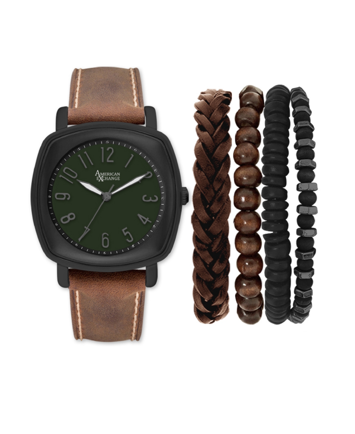 Men's Cognac Leather Strap Analog Watch 46mm with Stackable Bracelets Gift Set - Cognac