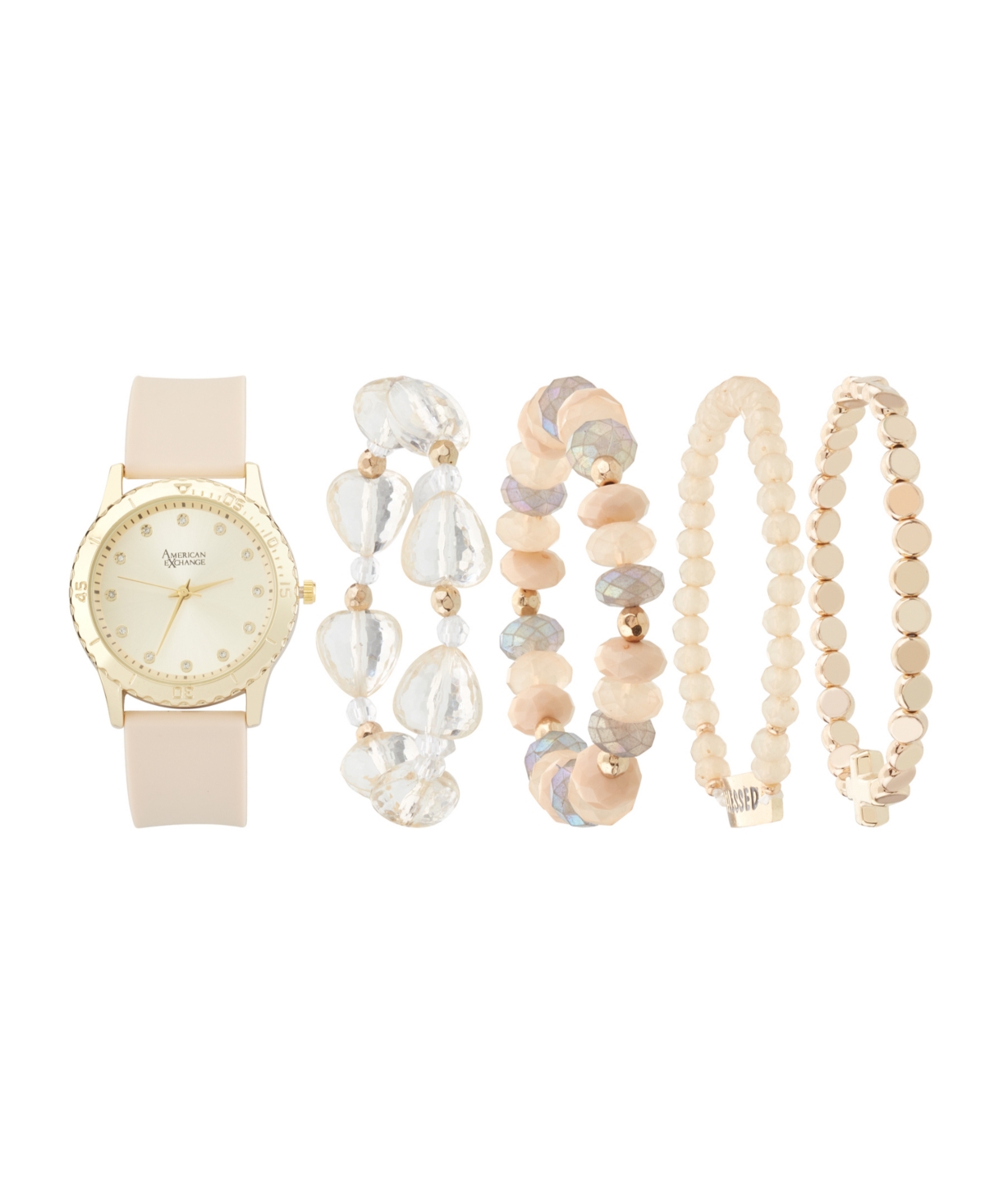 Women's Matte Beige Silicone Strap Analog Watch 38mm with Stackable Bracelets Gift Set - Beige