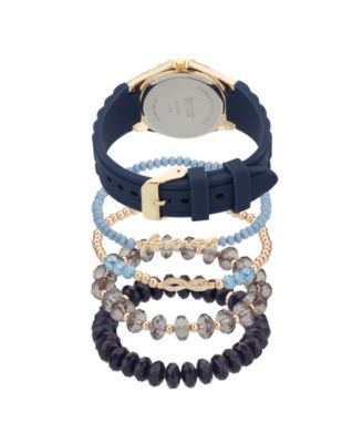 Women's Navy Silicone Strap Analog Watch 35mm with Stackable Bracelets Gift Set