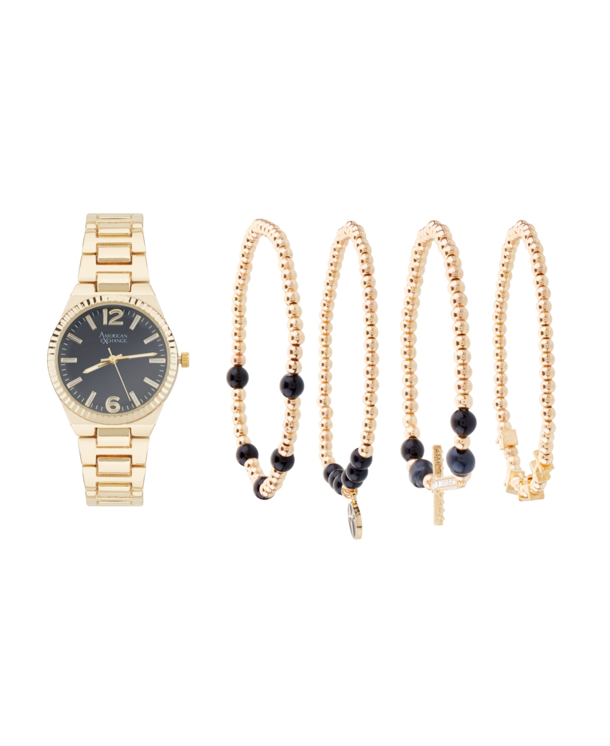 Women's Shiny Gold Metal Alloy Analog Watch 33mm with Stackable Bracelets Gift Set - Shiny Gold/Black Sunray