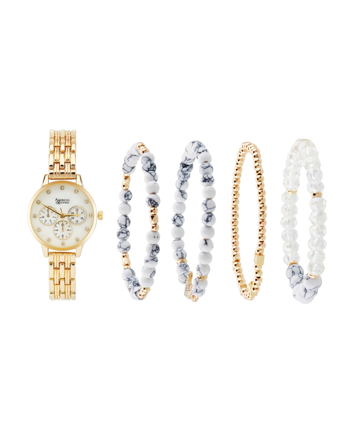 Women's Shiny Gold Metal Alloy Band Analog Watch 31mm with Stackable Bracelets Gift Set - Gold/MOP