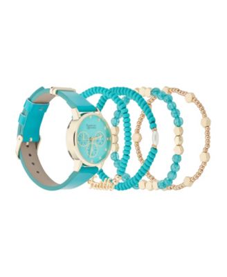 Women's Turquoise Polyurethane Leather Strap Analog Watch 32mm with Stackable Bracelets Gift Set