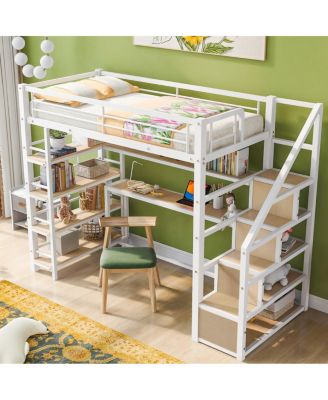 Simplie Fun Twin Size Metal Loft Bed With Staircase, Built-In Desk And Storage Shelves