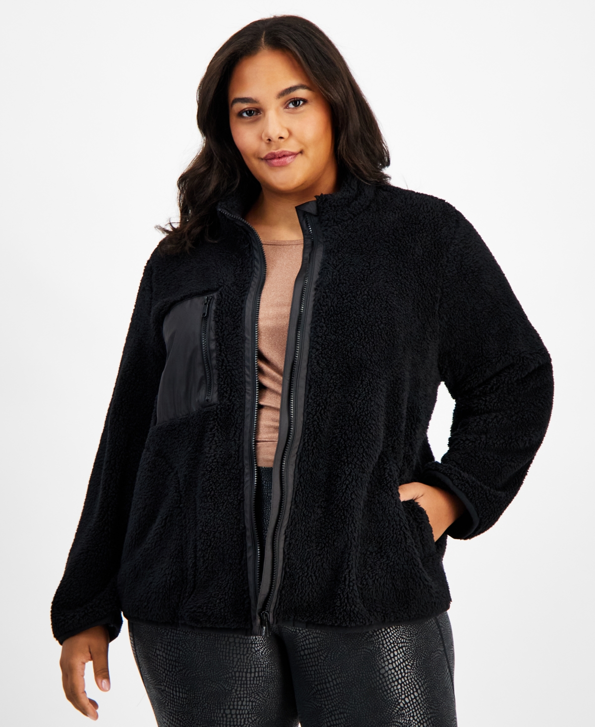 Plus Size Sherpa Jacket, Created for Macy's - Deep Black