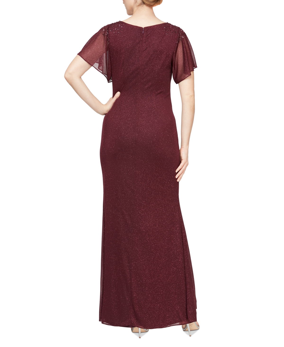 Sl Fashions Sparkle Embellished Shoulder Gown In Burgundy