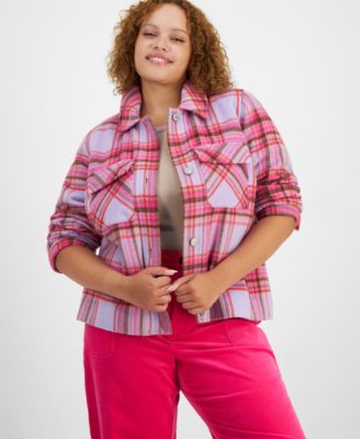 Trendy Plus Size Plaid Button-Up Short Jacket, Created for Macy's
