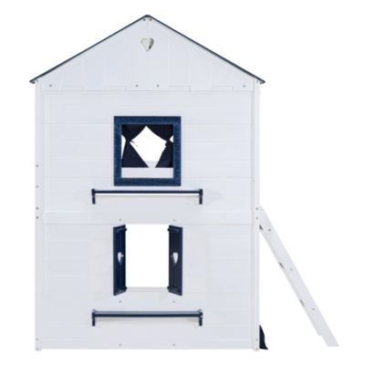 Streamdale Full Size Bunk Wood House Bed With Elegant Windows, Sills And Tent