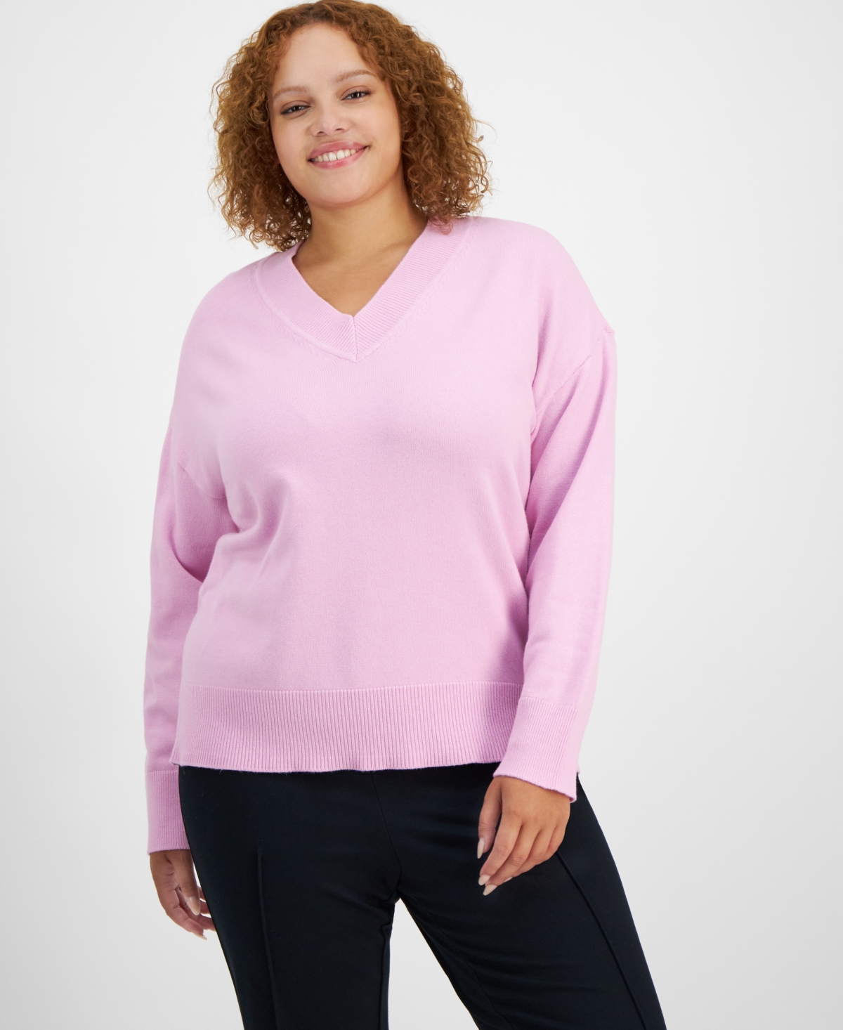ON 34TH TRENDY PLUS SIZE V-NECK SWEATER, CREATED FOR MACY'S 