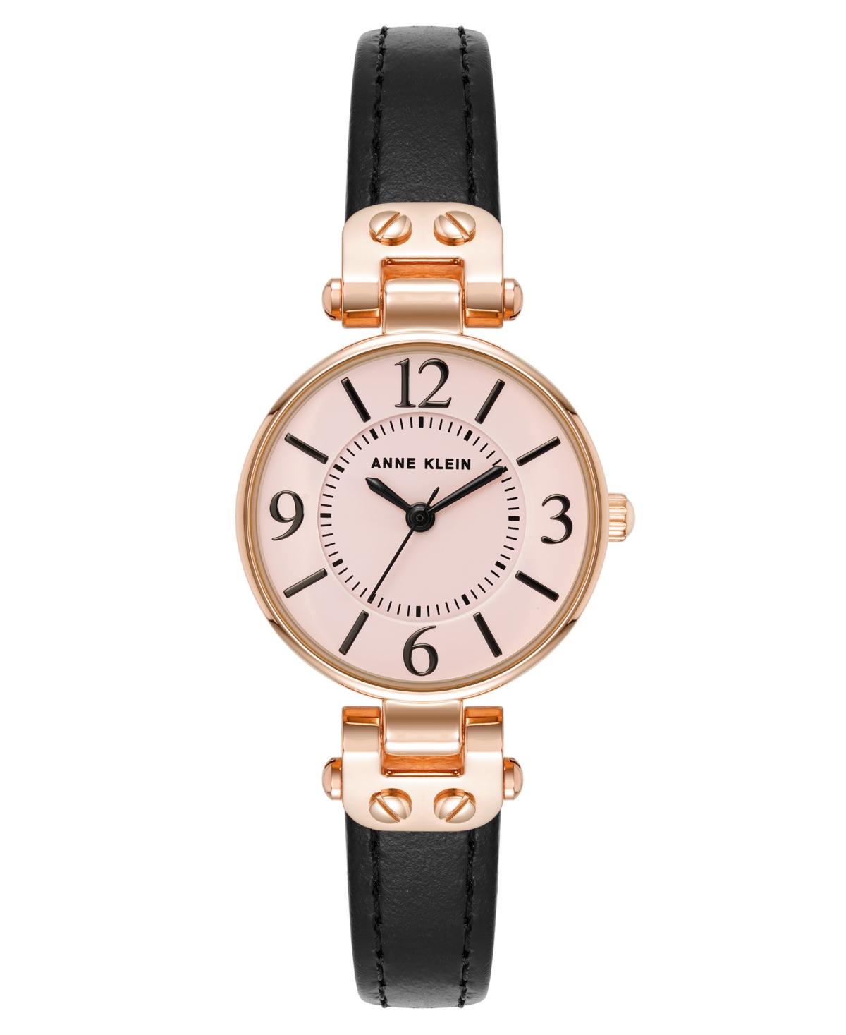 Anne Klein Women's Quartz Black Essential Leather And Rose Gold-tone Alloy Metal Strap Watch, 26mm In Black,pink,rose Gold-tone