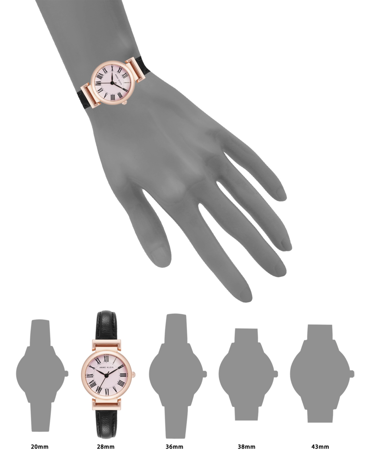 Anne Klein Women's Quartz Black Classic Leather And Rose Gold-tone Alloy Metal Strap Watch, 28mm In Black,pink,rose Gold-tone