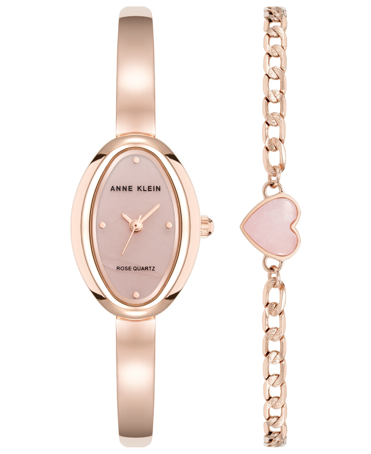 Anne Klein Women's Quartz Oval Rose Quartz Gemstone and Rose Gold-Tone Alloy Metal Bangle Watch Set, 20mm