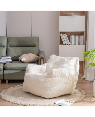 Soft Tufted Foam Bean Bag Chair With Teddy Fabric Ivory White