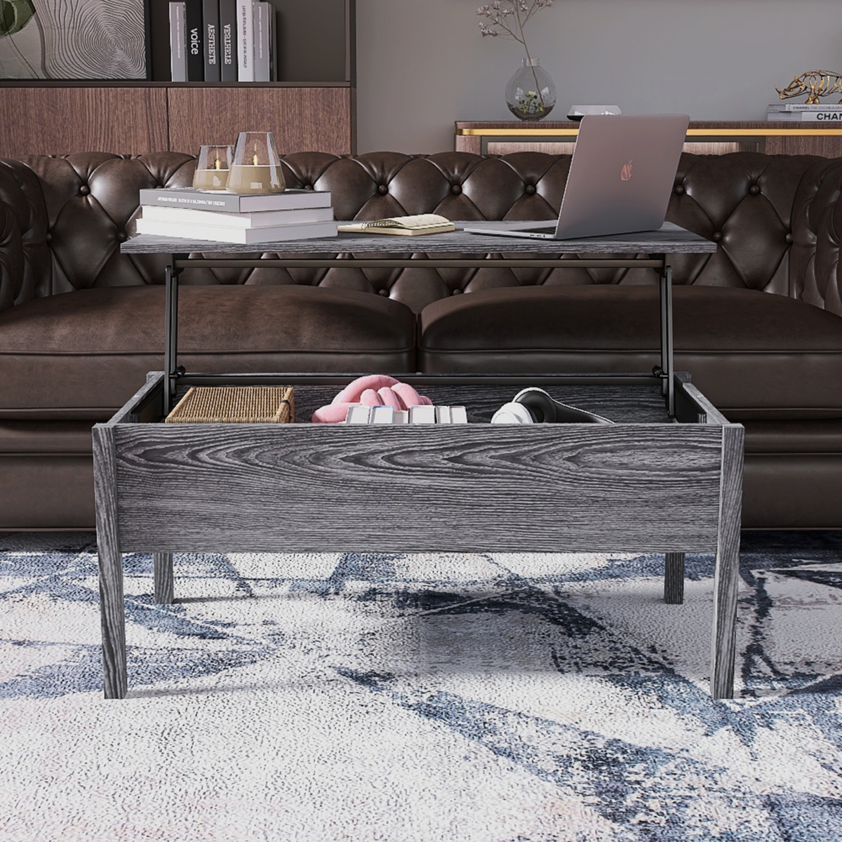 Streamdale Furniture Mdf Lift-Top Coffee Table with Storage For Living Room,DarkOak - Grey