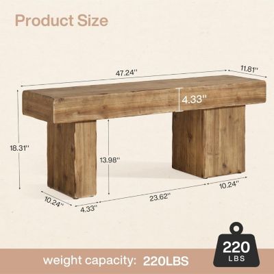 Thickened Solid Wood Bench, 47" Rustic Farmhouse Entryway Bench, Heavy Duty Dining Bench