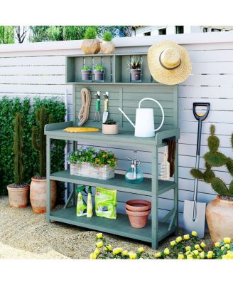 Large Rustic Outdoor Potting Bench with 4 Shelves, Green