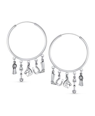 Blue Ribbon Horse Riding Boot Horseshoe Multi Charms Dangle Hoop Earrings Sterling Silver 2.5 Inch Diameter
