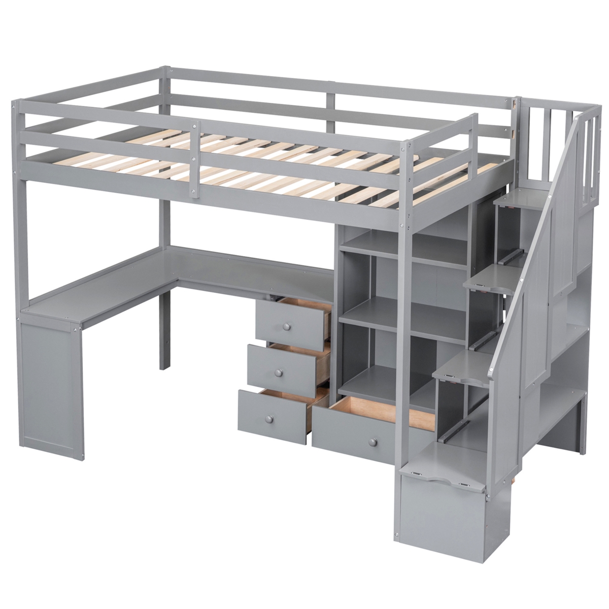 Streamdale Furniture Size Loft Bed With L-Shaped Desk And Drawers, Cabinet And Storage Staircase, White