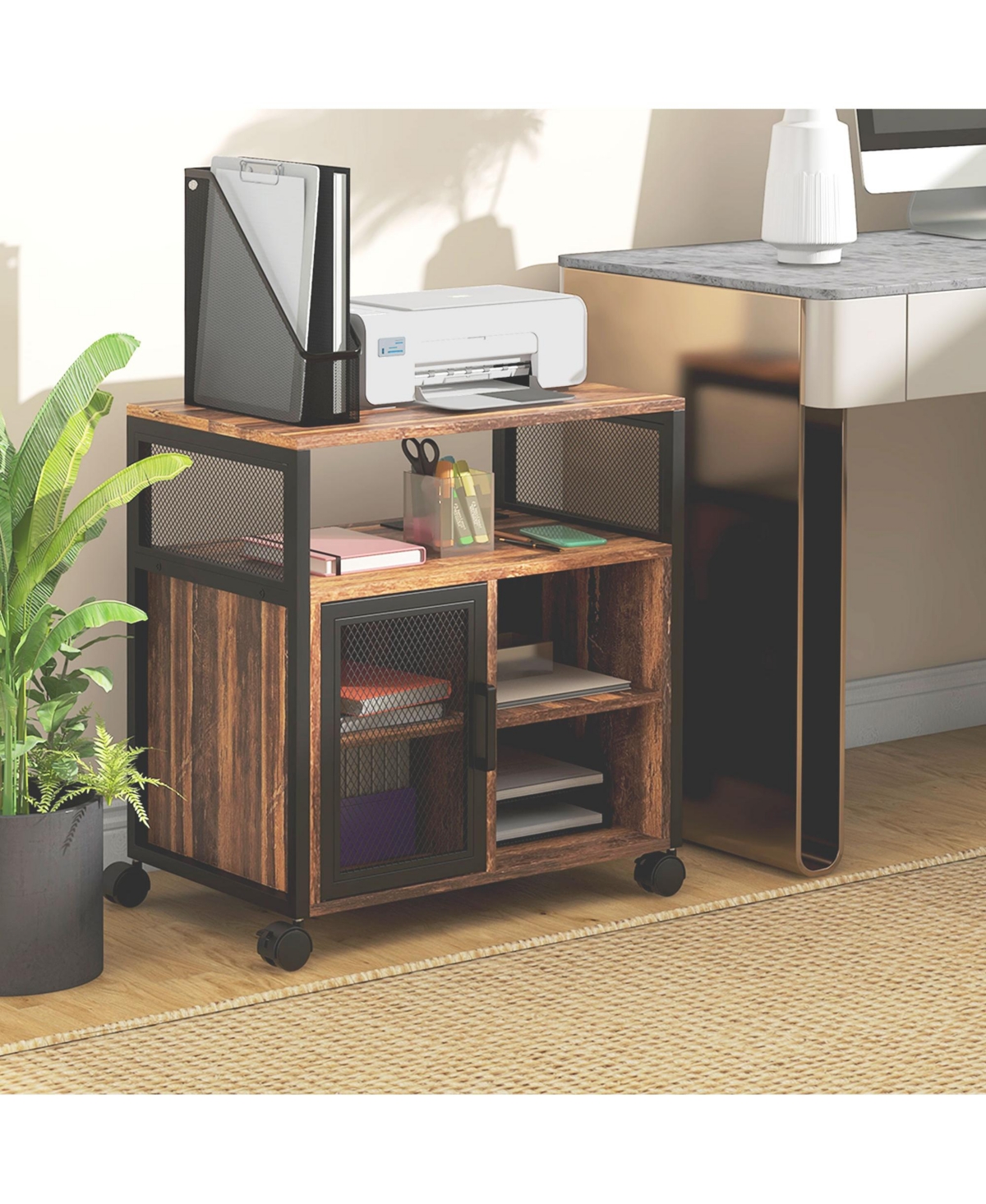 Vinsetto Mobile Printer Stand with Socket & Usb Ports,- Rustic brown