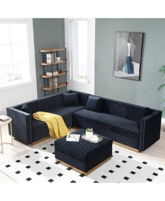 Streamdale Modern Black Velvet Sectional Sofa with Ottoman