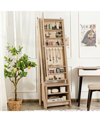 2-in-1 Wooden Cosmetics Storage Cabinet with Full-Length Mirror and Bottom Rack