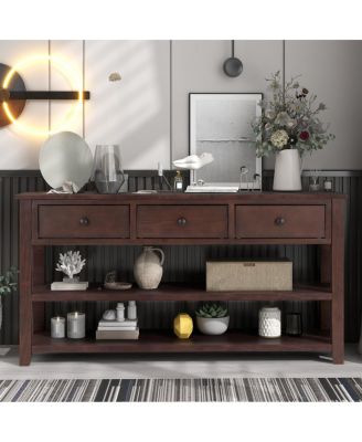 Pine Frame Console Table with Open Shelves, Retro Design