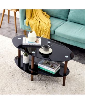 Modern 3-Layer Glass Coffee Table with Oak Wood Legs