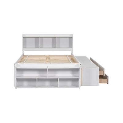 Streamdale White Full Bed with Headboard Bookcase, Drawers & End Storage