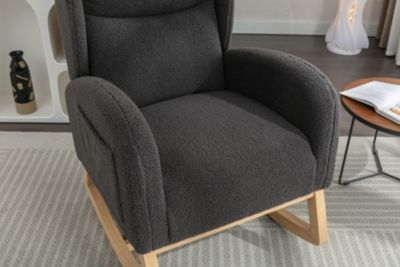 Teddy Fabric Rocking Chair With Packet Wood Legs, Dark Gray