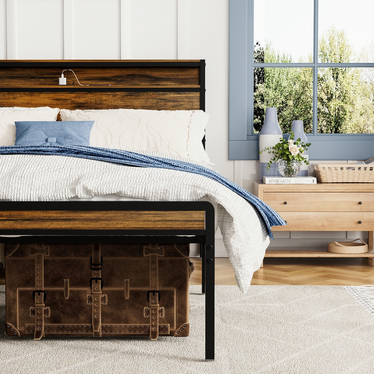 Streamdale Furniture Size Bed Frame, Storage Headboard with Led Light, Charging Station, Solid and Stable, Noise Free, No Box Spring Needed, Eas