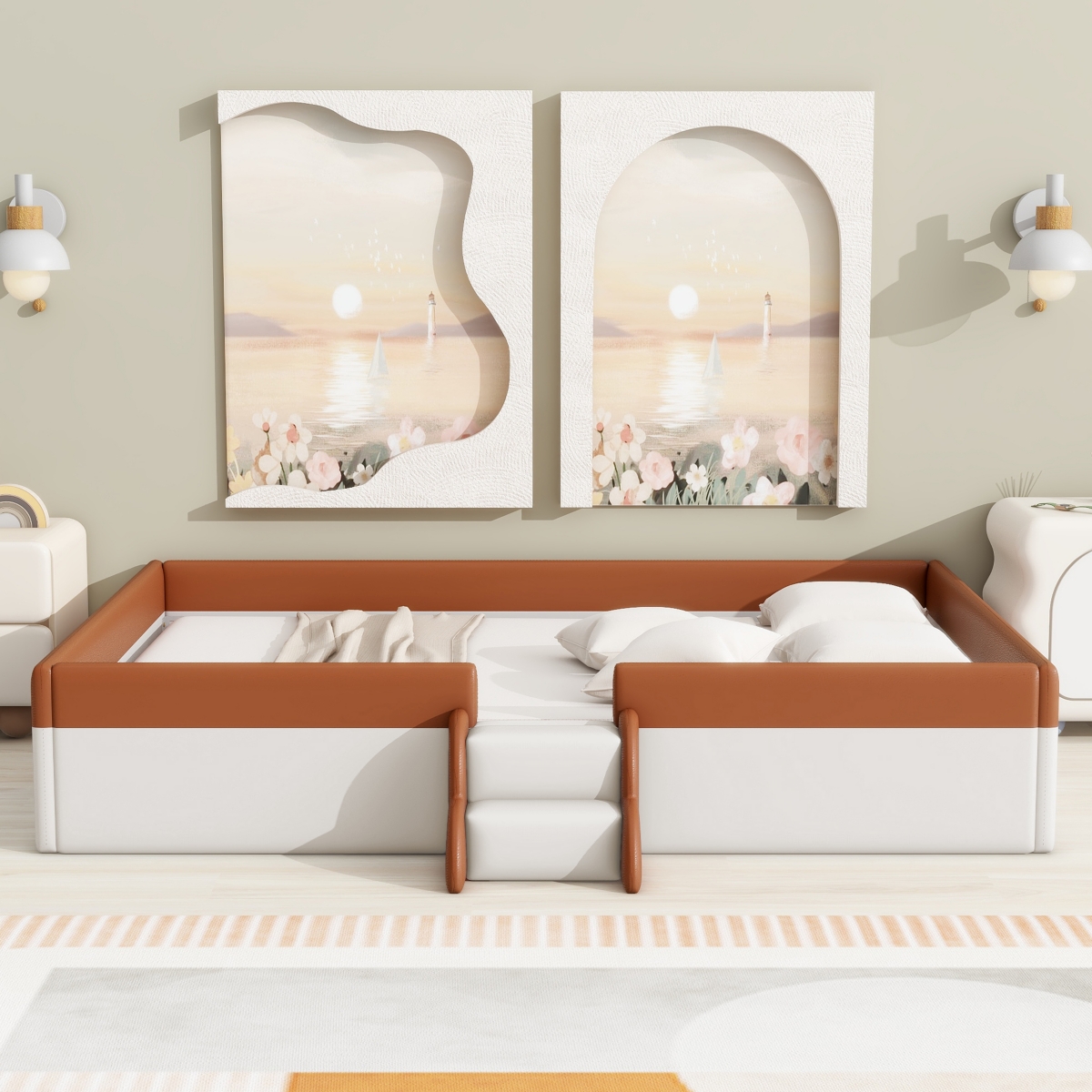 Streamdale Furniture Size Upholstered Daybed Frame with Fence and Stairs,(Brown+White) - Brown+white