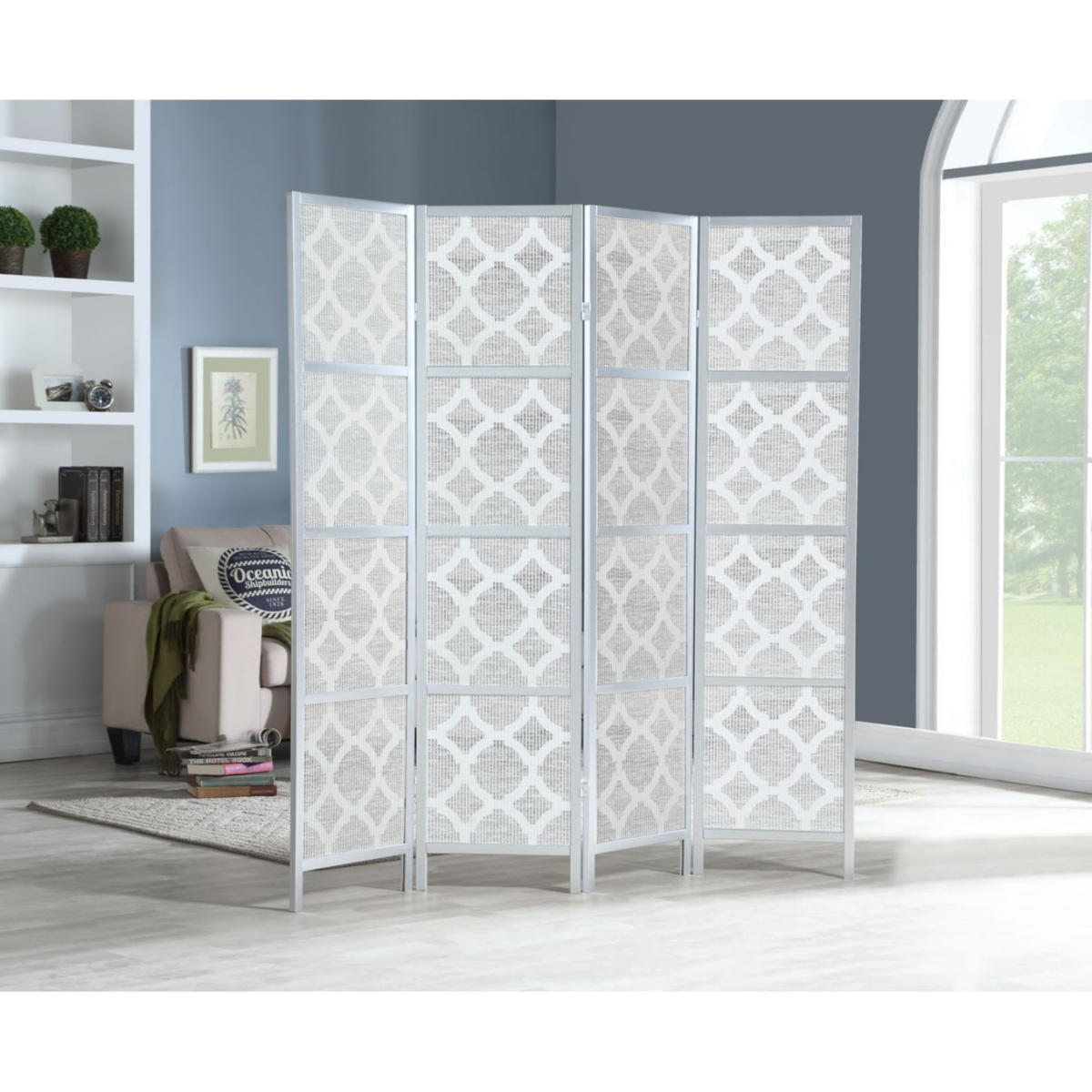Streamdale Furniture Quarterfoil infused Diamond Design 4-Panel Room Divider, Silver