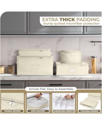 Quilted China Platter Storage Case with Handles & Felt Dividers (Beige)