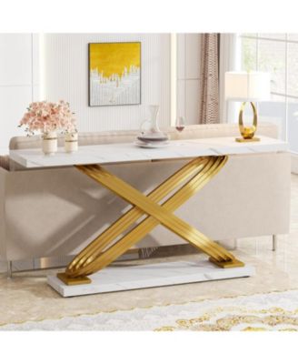 55 Inch Modern Console Table, Faux Marble Gold Entryway Table Behind Sofa Couch, Narrow Rectangular Sofa Table for Living Room, Bedroom, Front Hall, Hallway, Gold & White