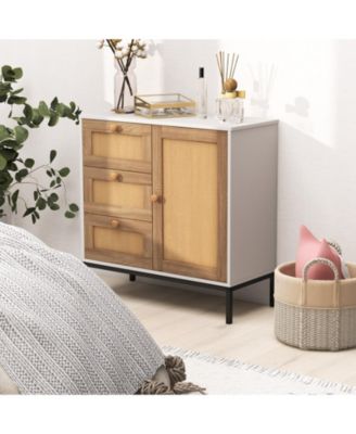 31.5"x14"x31.5" Rattan Metal Legs Soft-Close Hinges 1 Door 3 Drawers Sideboard Buffet Cabinet