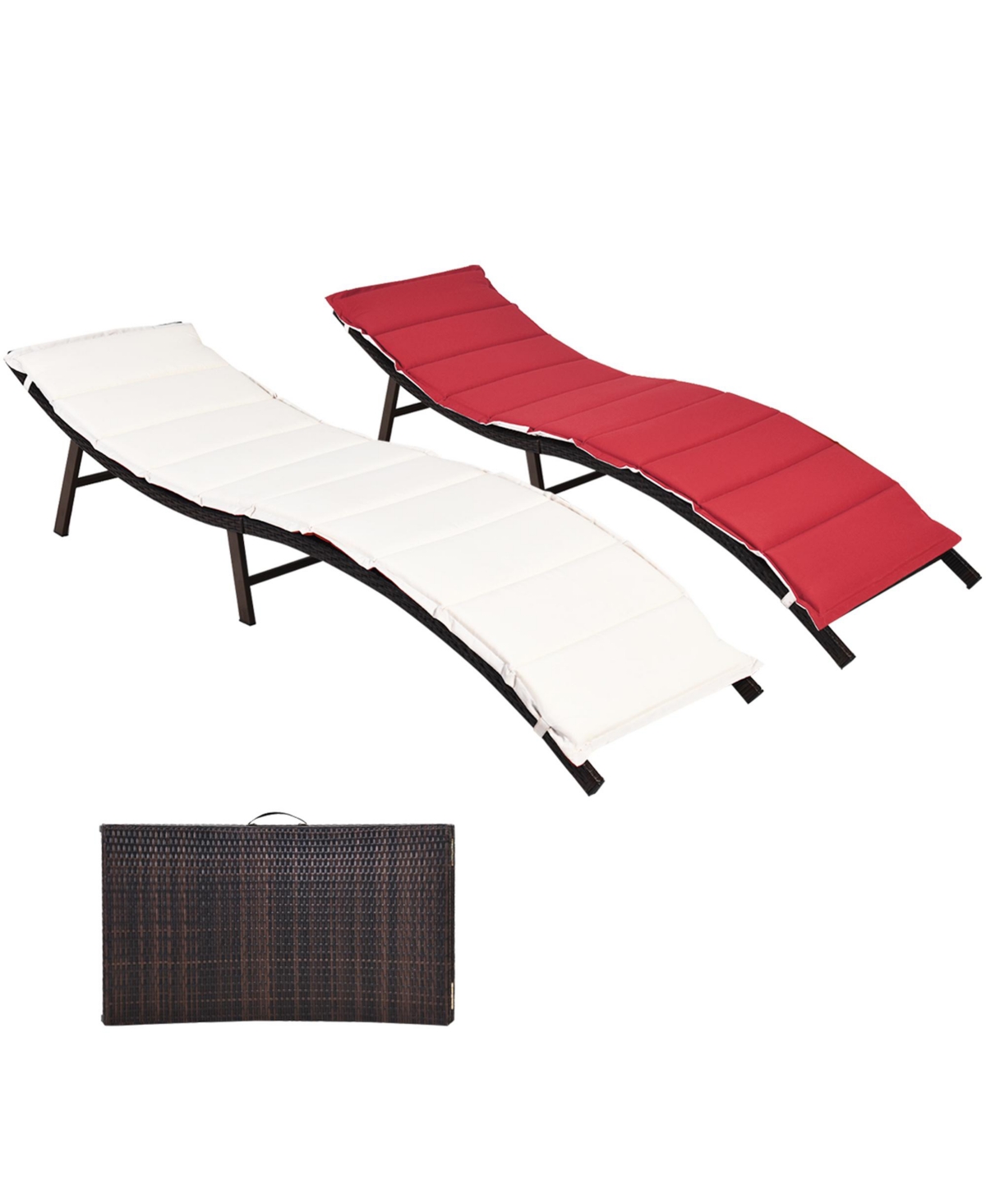 Set of 2 Folding Wicker Chaise Portable Lounge Chair w/ Double Sided Cushion - Red+white+brown