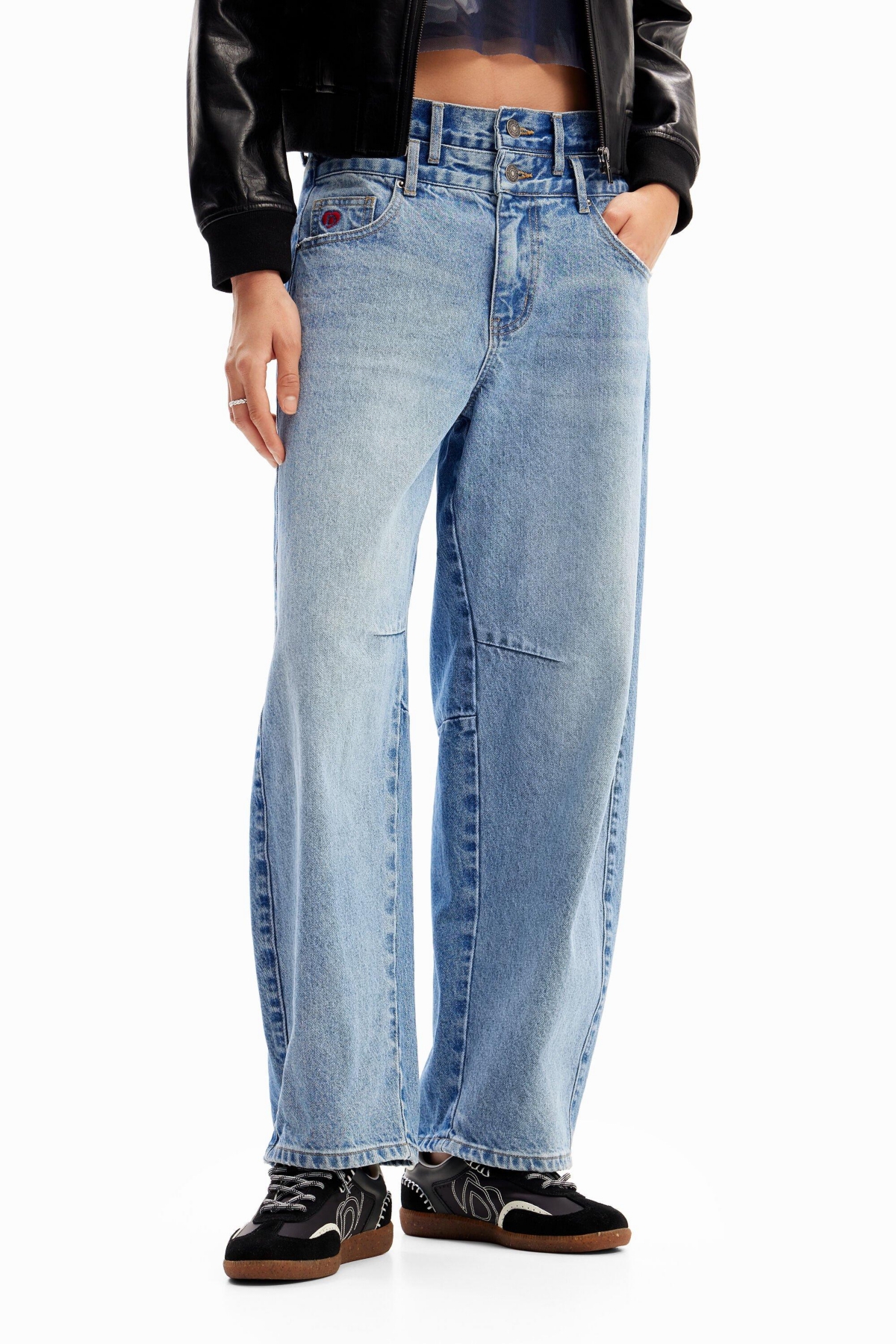 Women's Double-waistband balloon jeans - Medium blue