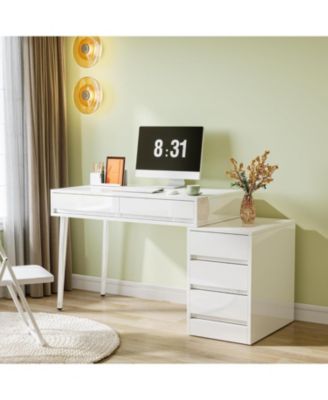 5-Drawer Wood Reversible Computer Desk – Modern Home Office Desk with Storage Drawers & Printer Stand, Vanity Writing Table