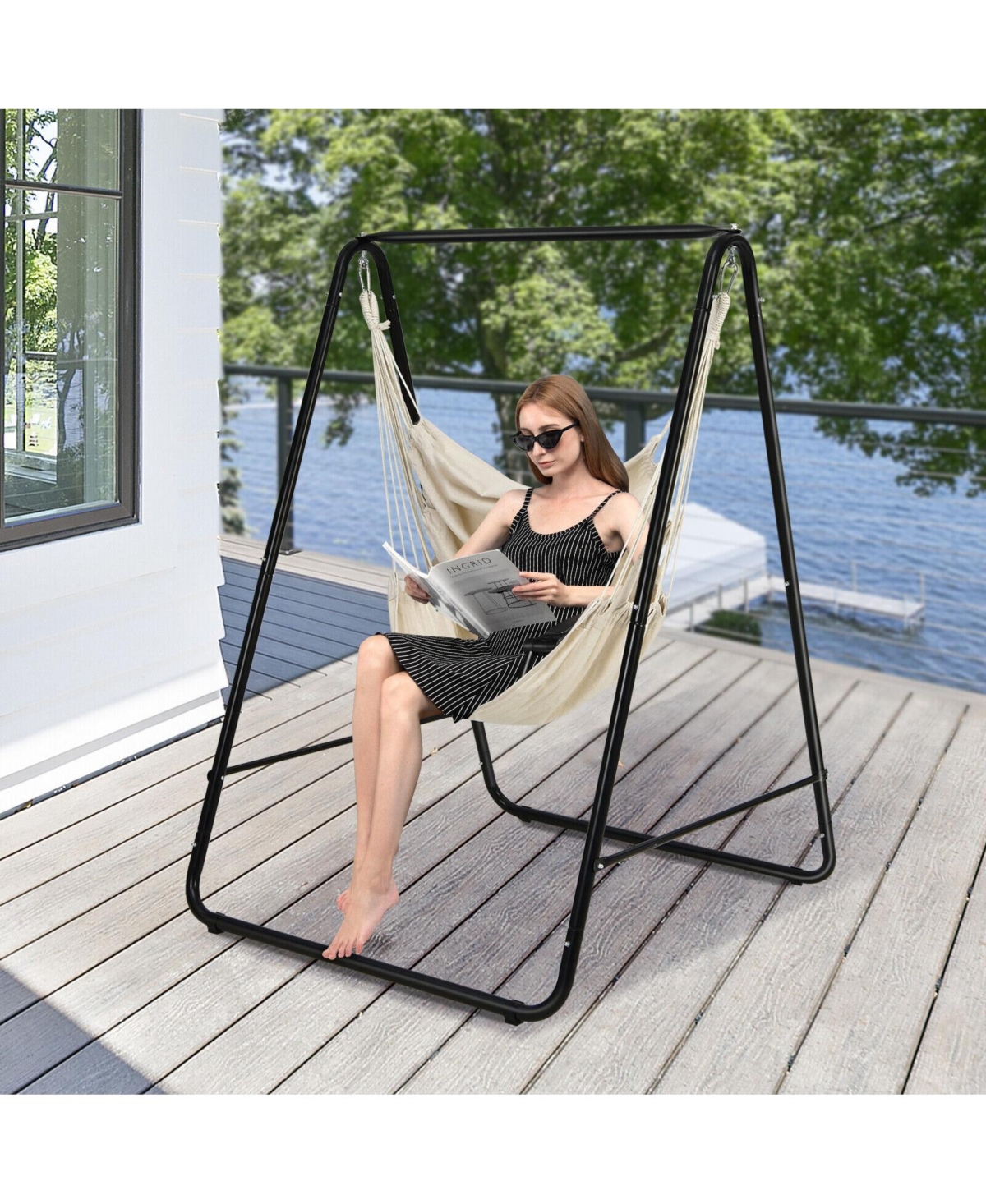 Sugift Hanging Padded Hammock Chair with Stand and Heavy Duty Steel