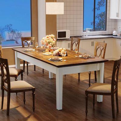 Dining Table for 4-6 People, 62-Inch Rectangular Kitchen Table with Solid Wood Legs, Modern Farmhouse Dinner Table for Dining Room, Kitchen, Living Room, Rustic Brown & White