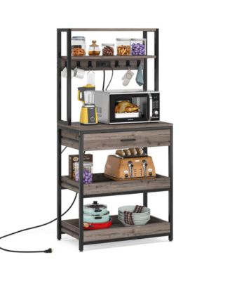 Bakers Rack with Power Outlets, 5-Tier Kitchen Storage Shelf, Microwave Oven Stand with Drawer, Kitchen Rack with 6 Hooks