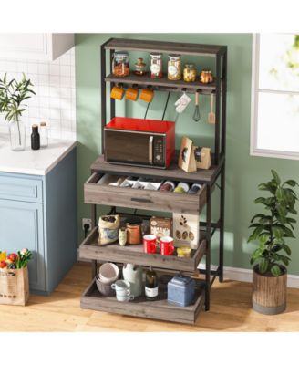 Bakers Rack with Power Outlets, 5-Tier Kitchen Storage Shelf, Microwave Oven Stand with Drawer, Kitchen Rack with 6 Hooks