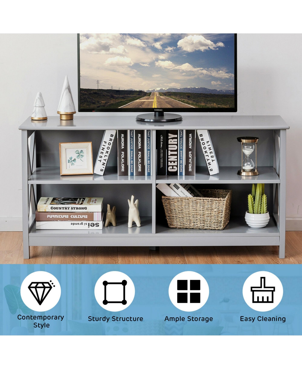Gymax Tv Stand Entertainment Media Center for Tv's up to 55'' w/ Storage Shelves Gray