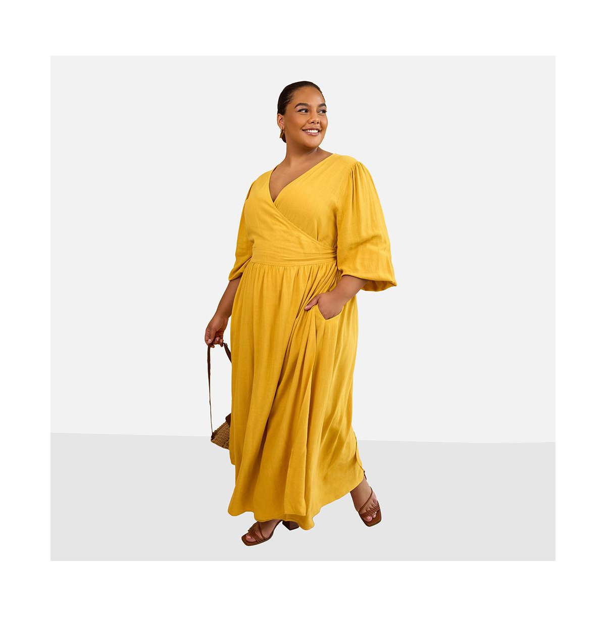 Rebdolls Plus Size Bette Linen Ballon Sleeve Maxi A Line Dress