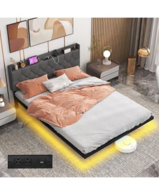 Floating Bed Frame with LED and Headboard and Charging Station